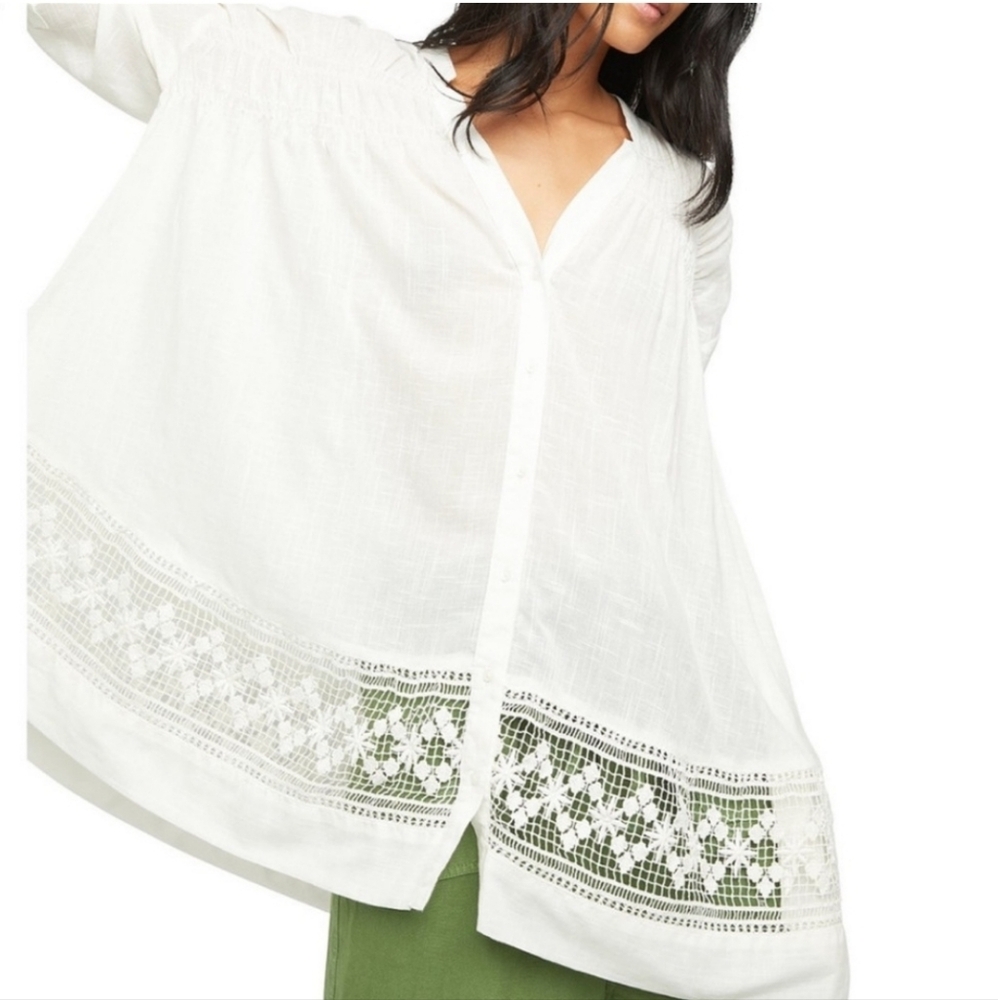 Free People Green Gardens Lace Hem Button Blouse - Sizw XS